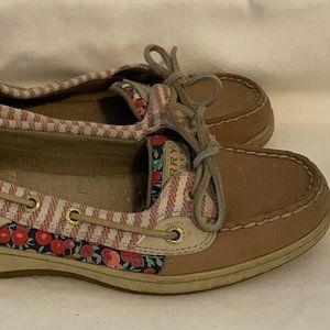 Sperry Top Sider Angelfish Boat Shoes Tan Linen Floral Slip-On Women's 7.5M